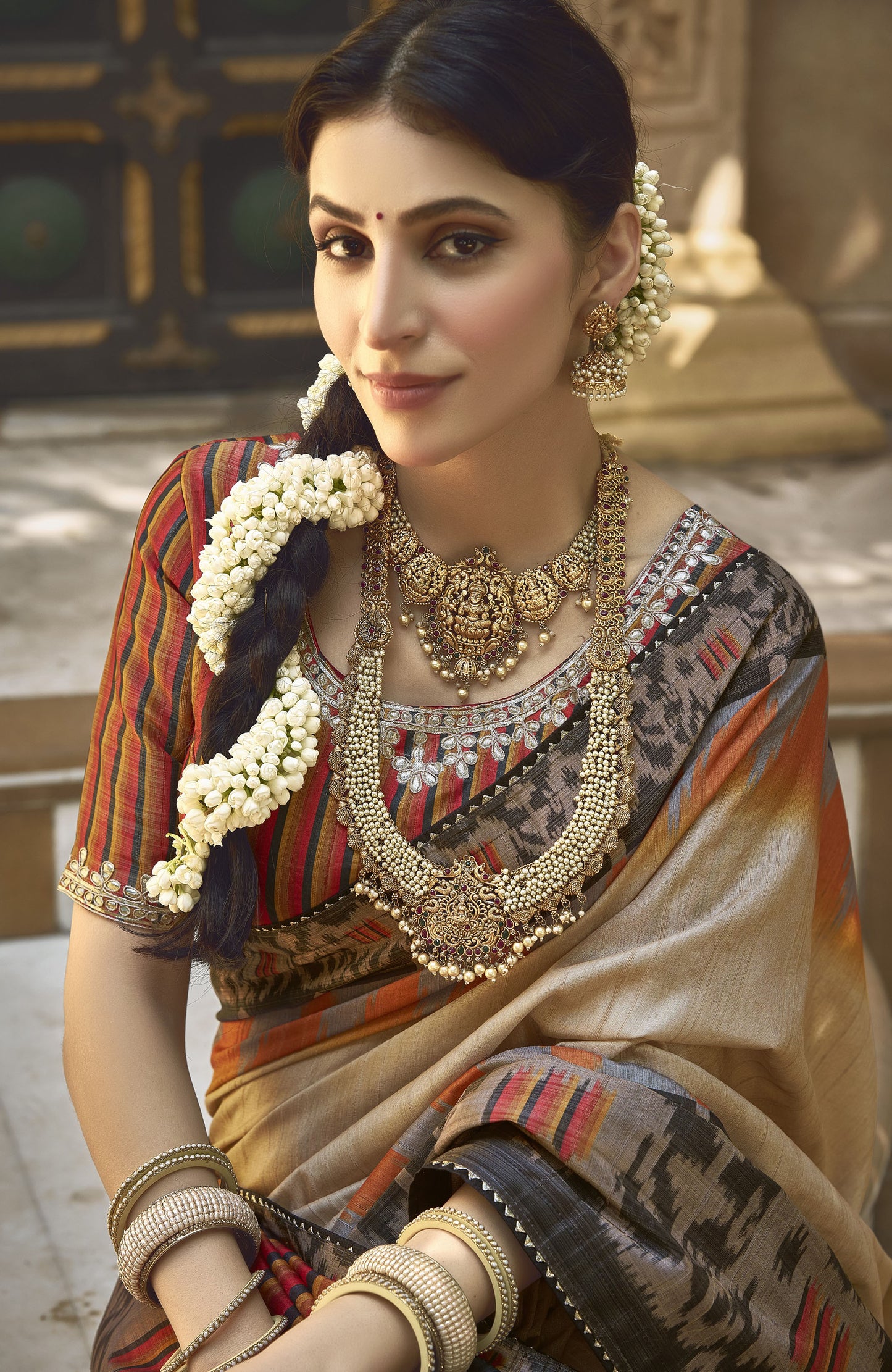 Cream Bhagalpuri Silk Gota Work Saree