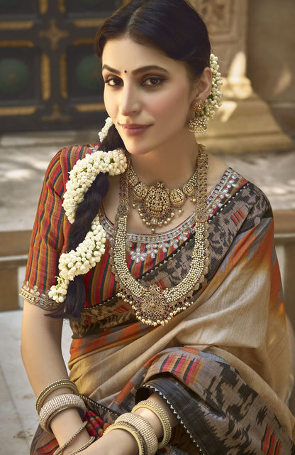 Cream Bhagalpuri Silk Gota Work Saree
