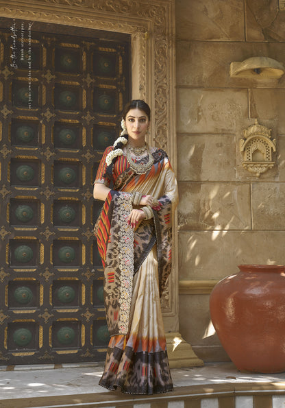 Cream Bhagalpuri Silk Gota Work Saree