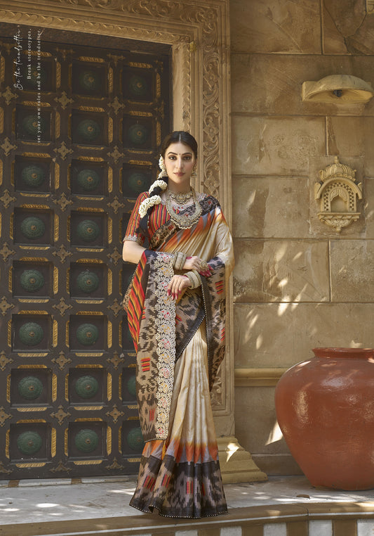 Cream Bhagalpuri Silk Gota Work Saree