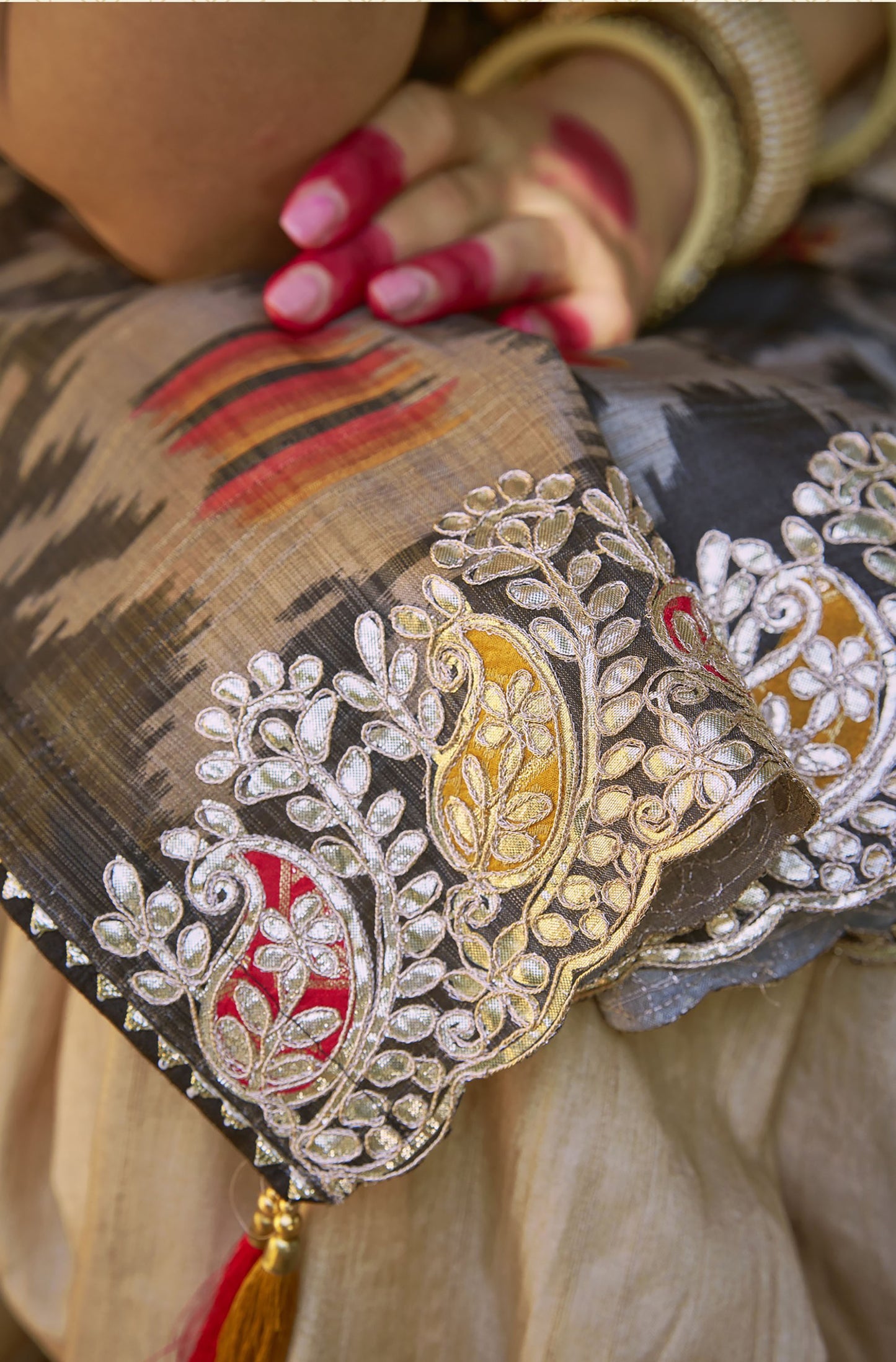 Cream Bhagalpuri Silk Gota Work Saree