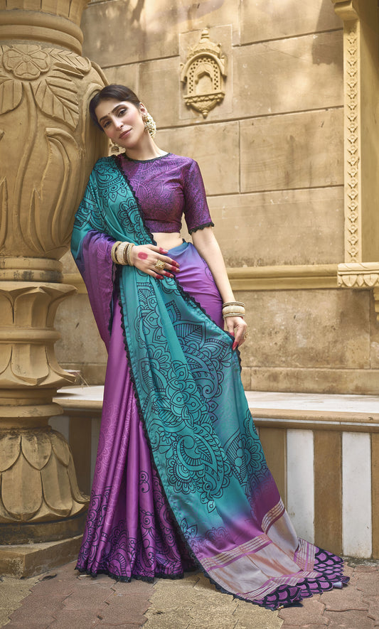 Blue and Purple Gaji Silk Gota with Minakari Work Saree
