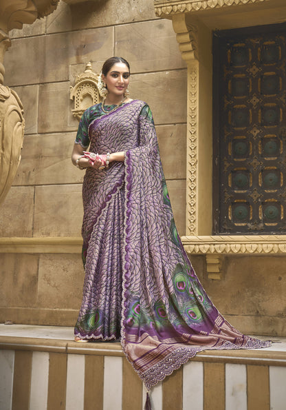 Purple Gajji Silk Diamond With Handwork Saree