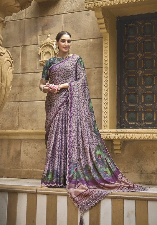 Purple Gajji Silk Diamond With Handwork Saree