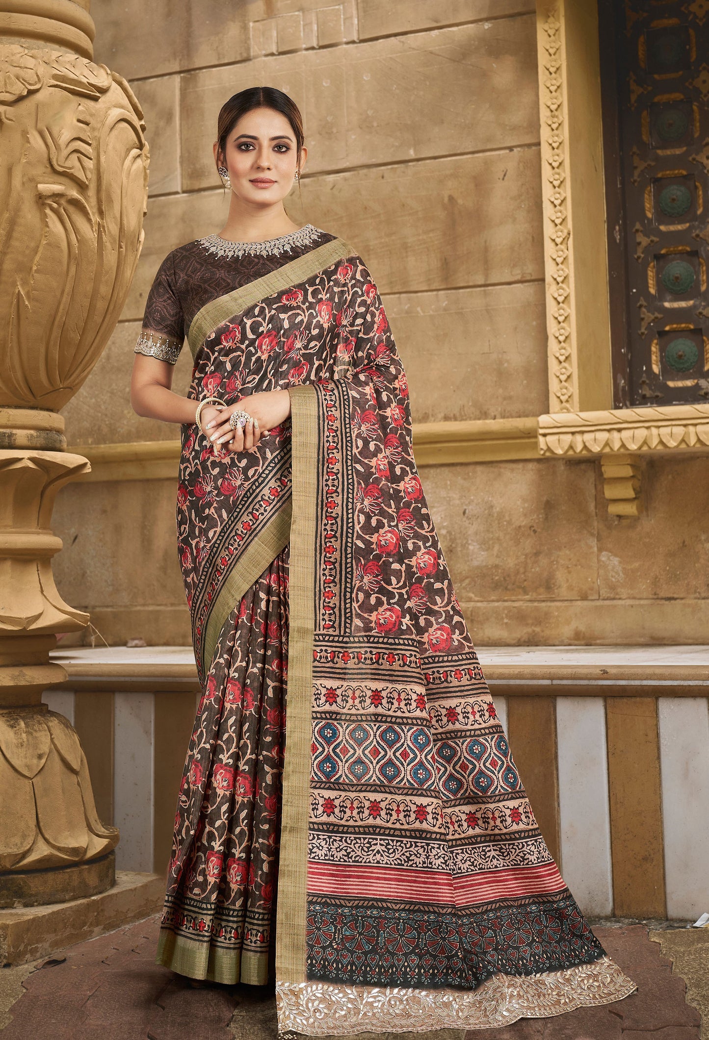 Brown Gajji Silk Floral Print with Hand Work Saree