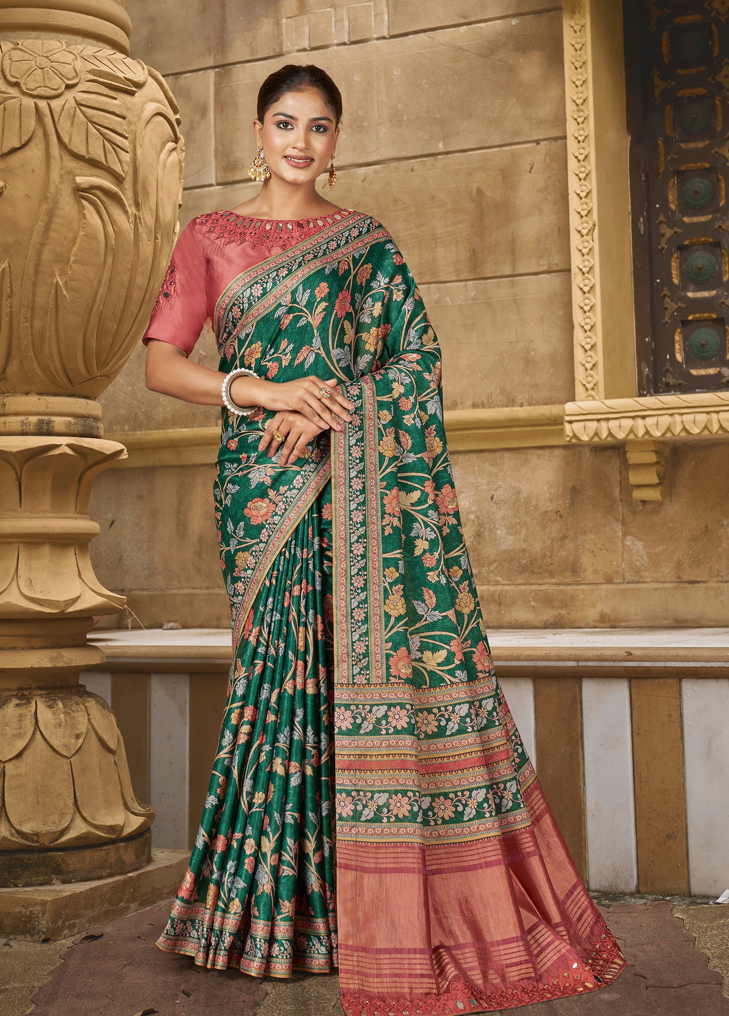 Green & Pink Gajji Silk Mirror Work Saree