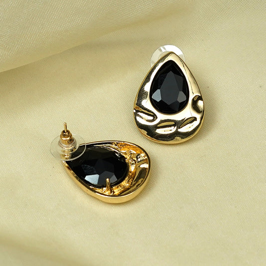 Zevar Club Matte Gold Tone Stainless Steel Tarnish Free Waterproof Tear Drop-Shaped Black Stone Stud Earrings for Women