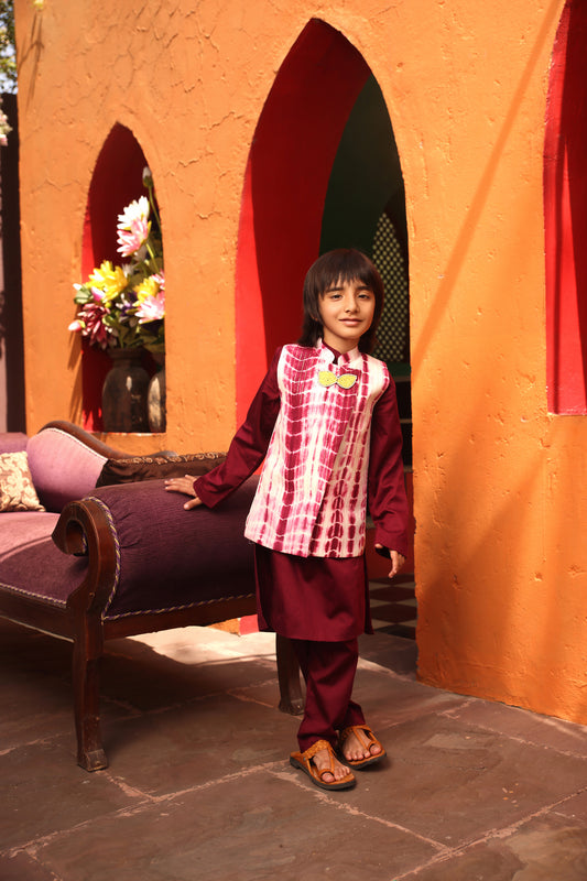 Maroon Tie and Dye Nehru Jacket with Kurta and Pant