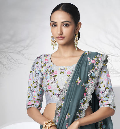 Teal Grey Color Floral Embroidered Organza Saree