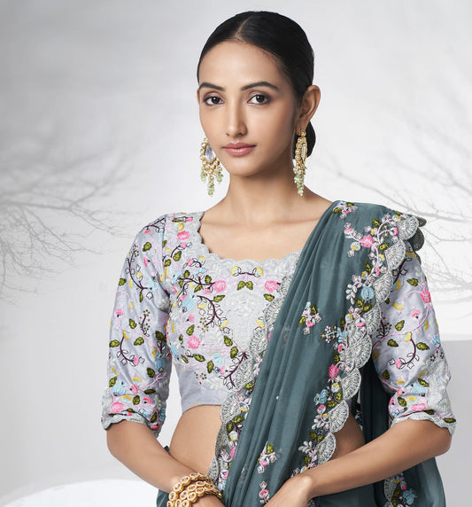 Teal Grey Color Floral Embroidered Organza Saree