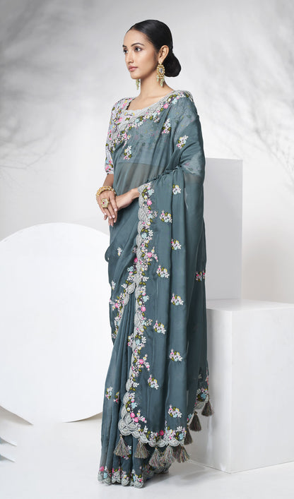 Teal Grey Color Floral Embroidered Organza Saree