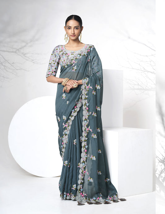 Teal Grey Color Floral Embroidered Organza Saree