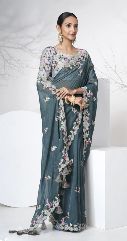 Teal Grey Color Floral Embroidered Organza Saree