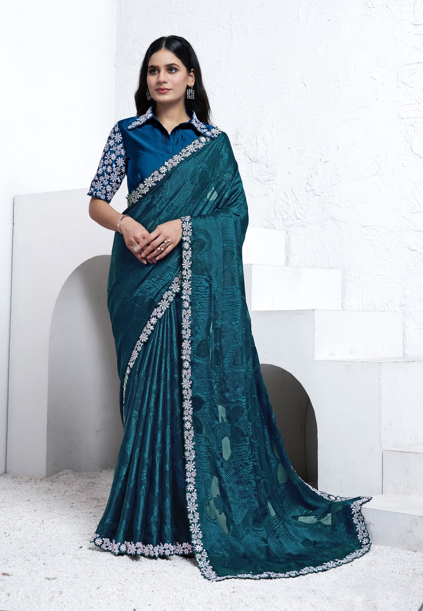 Teal Blue Georgette Sequins with Hand Work Saree