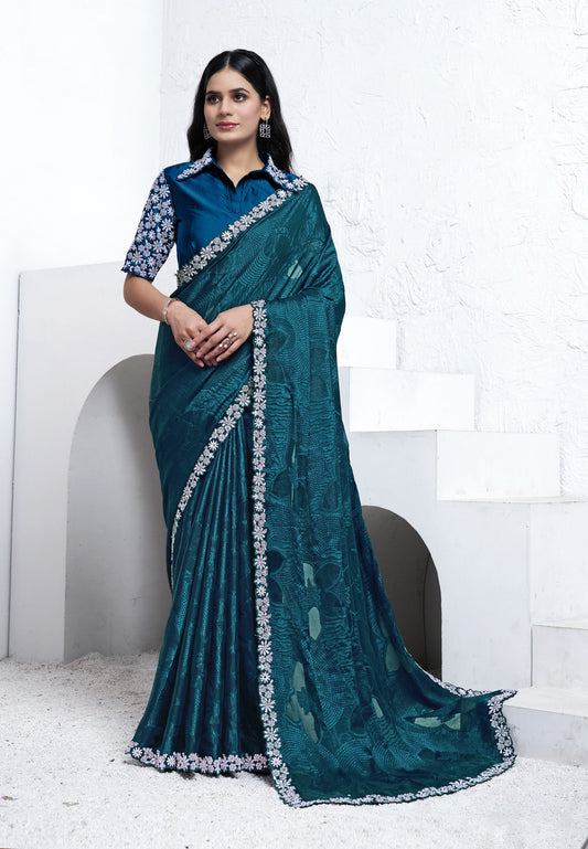 Teal Blue Georgette Sequins with Hand Work Saree