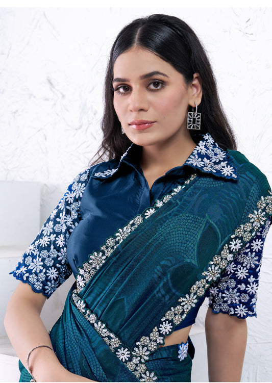 Teal Blue Georgette Sequins with Hand Work Saree