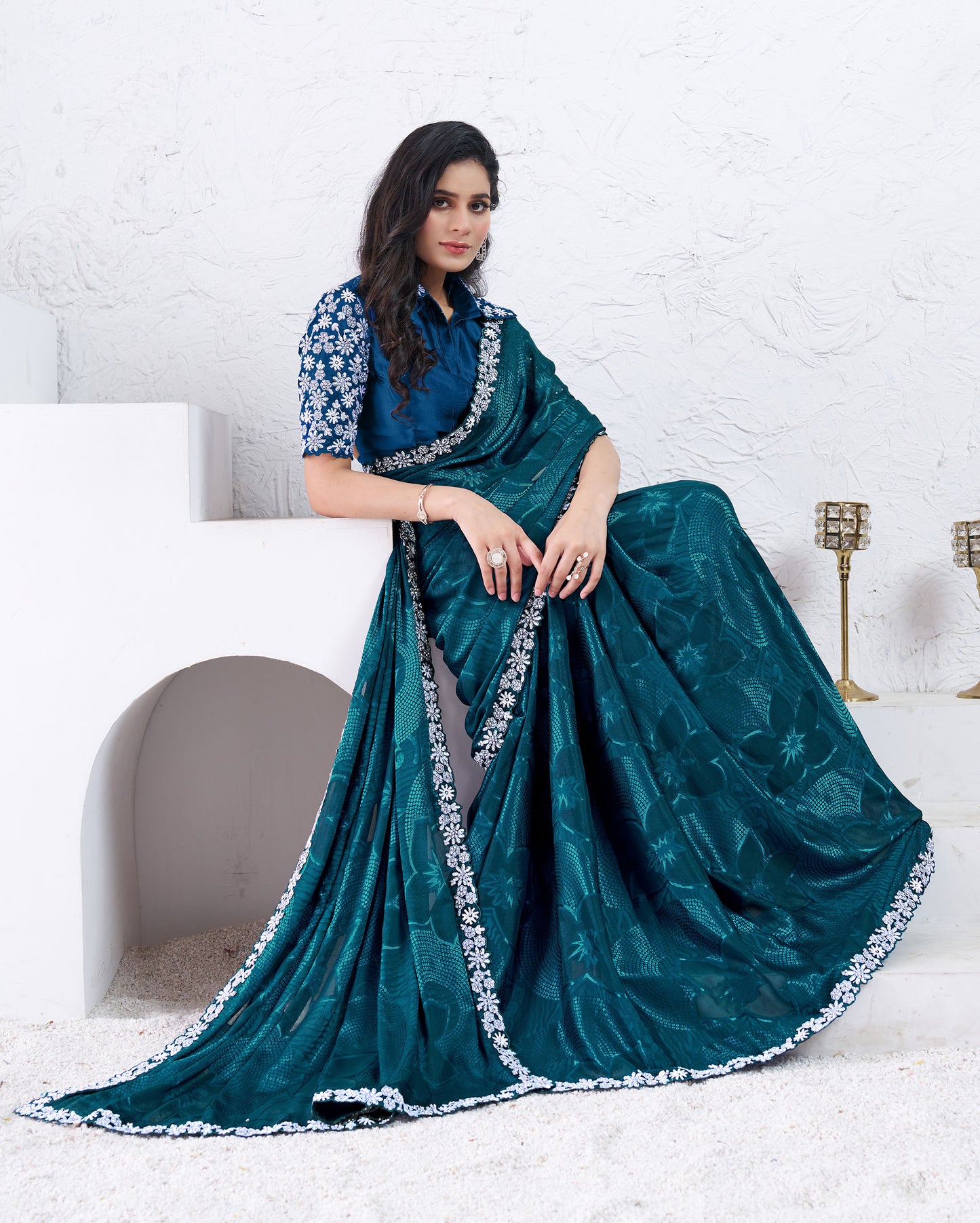 Teal Blue Georgette Sequins with Hand Work Saree