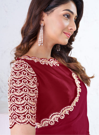 Red Crepe Silk Moti With Hand Work Saree