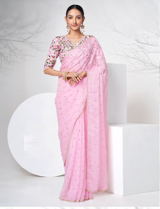 Pink Color Floral Embroidered Organza Saree