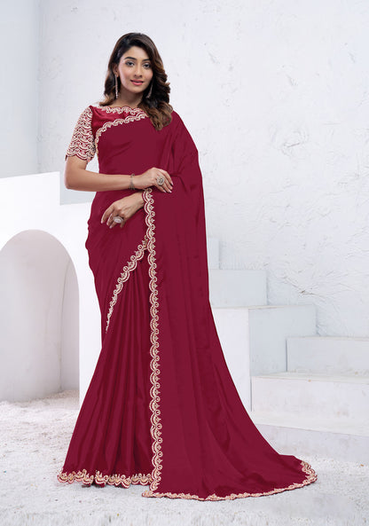 Red Crepe Silk Moti With Hand Work Saree