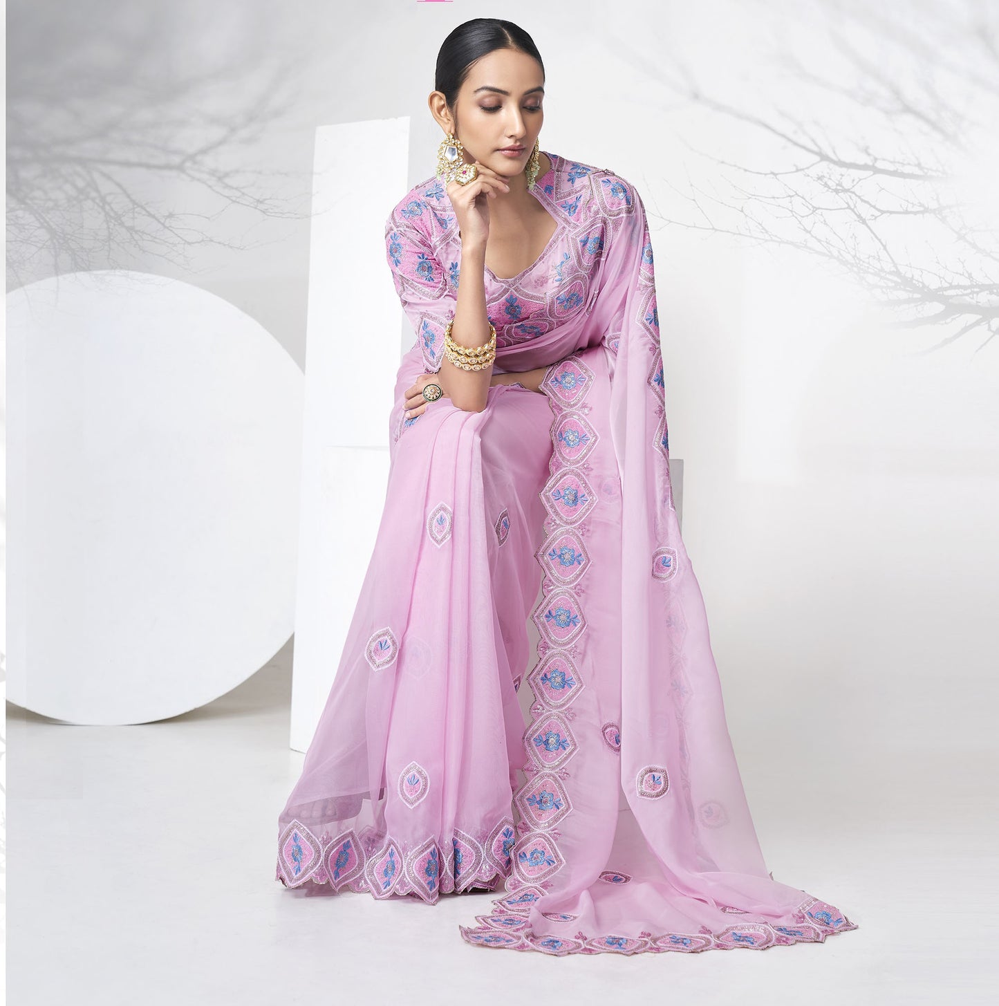 Pink Color Floral Embroidered Organza Saree