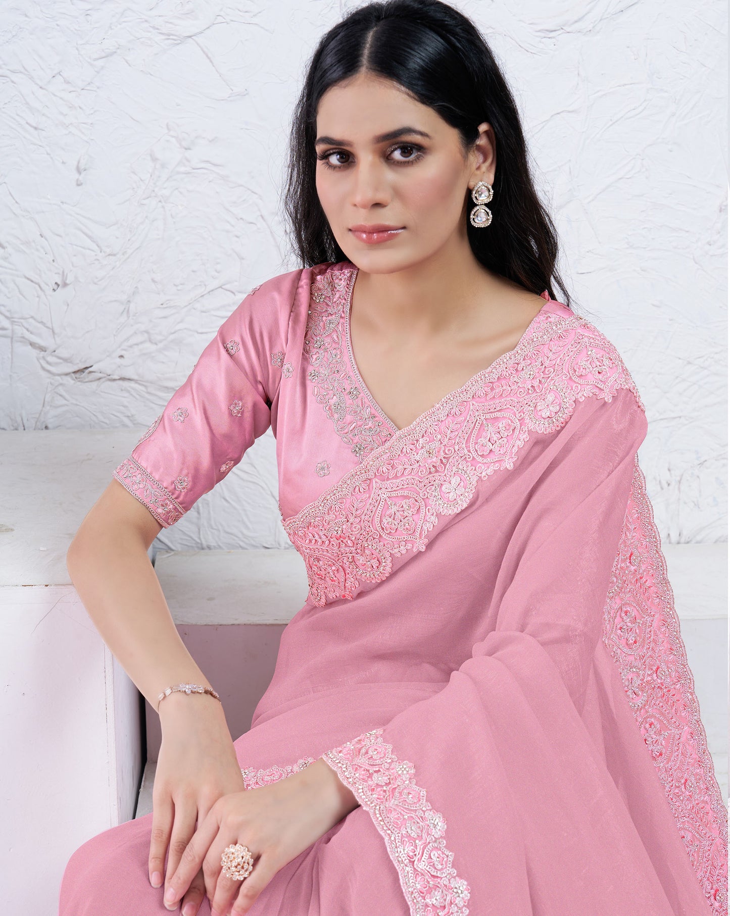 Light Pink Crepe Shimmer Silk Diamond With Hand Work Saree