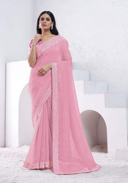 Light Pink Crepe Shimmer Silk Diamond With Hand Work Saree