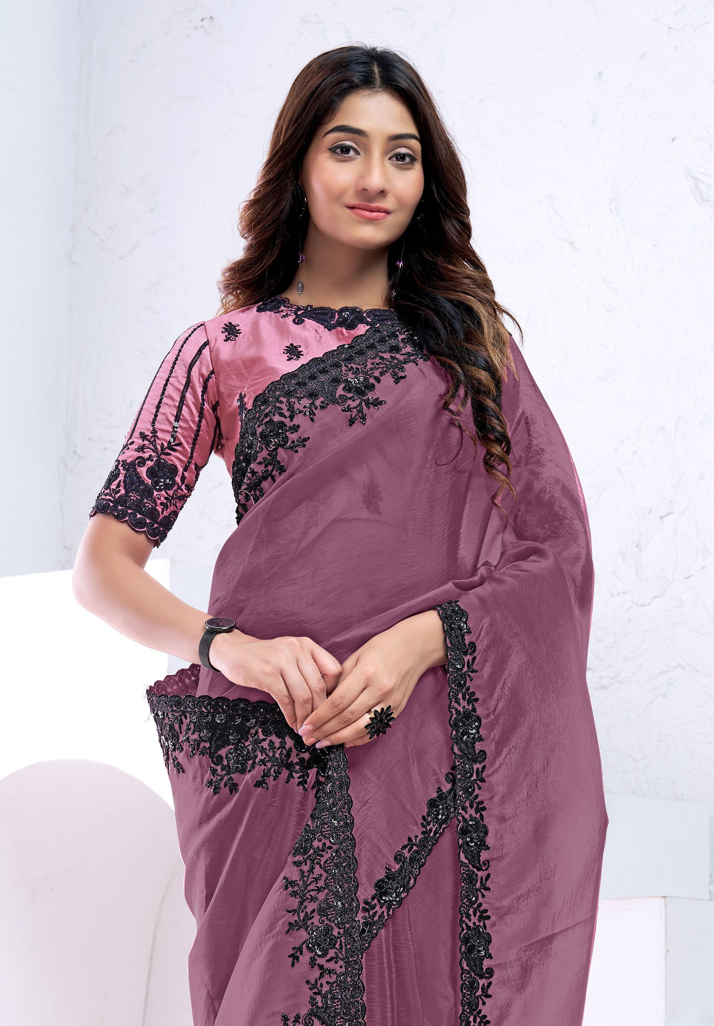 Dark Mauve Crush Pure Silk Sequins with Hand Work Saree