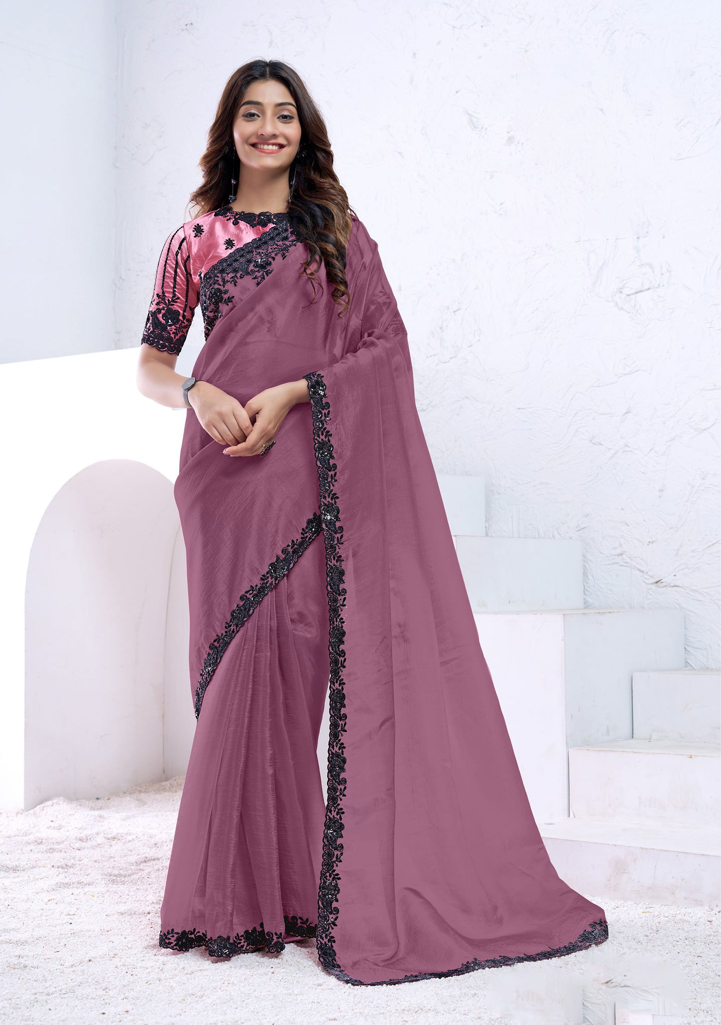 Dark Mauve Crush Pure Silk Sequins with Hand Work Saree