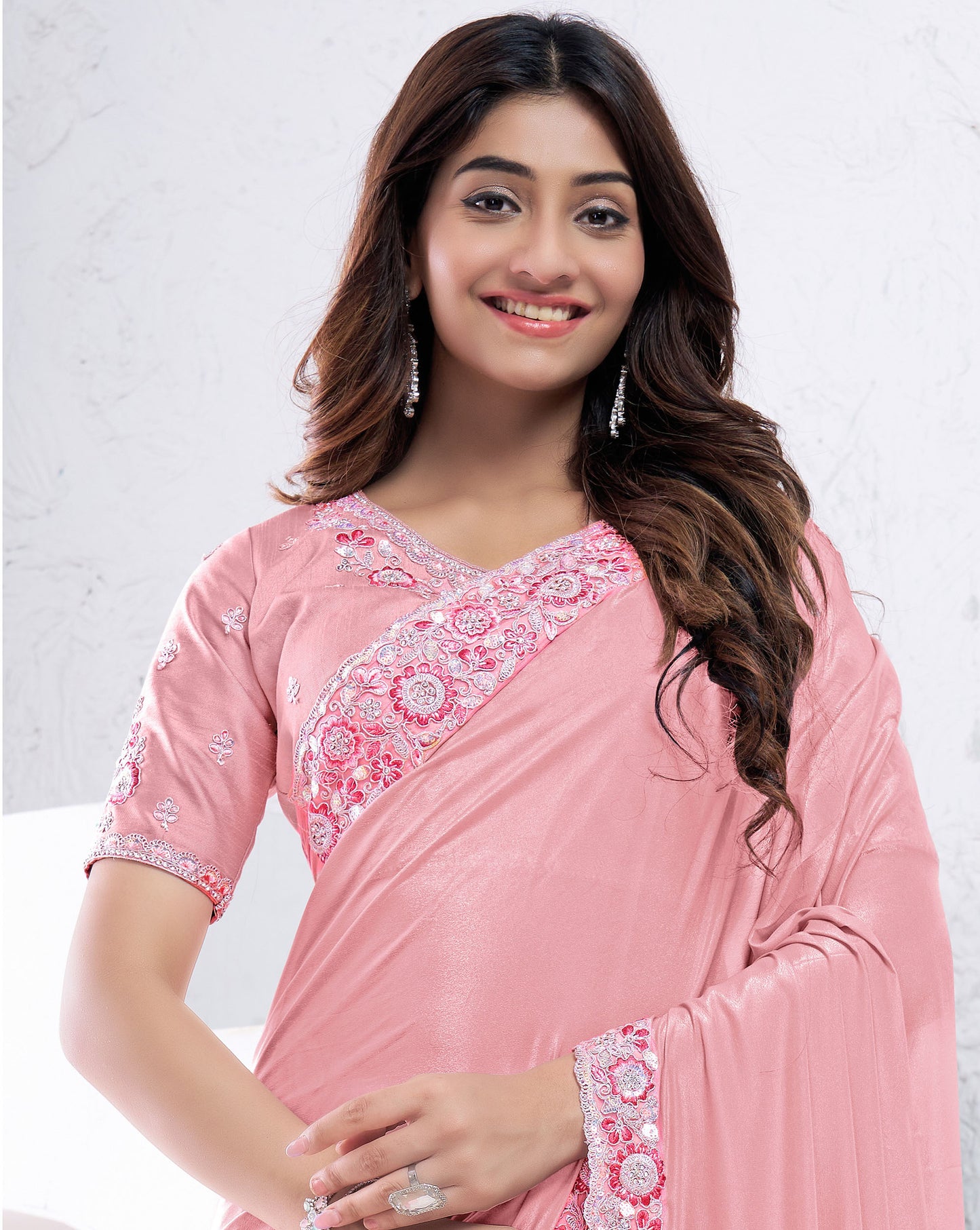 Pink Crepe Silk Sequins with Hand Work Saree