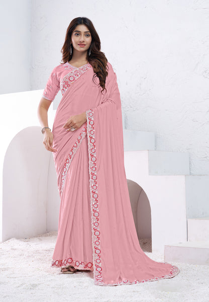 Pink Crepe Silk Sequins with Hand Work Saree