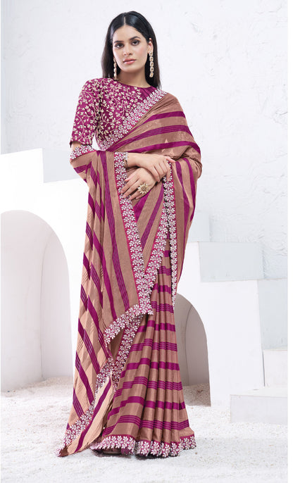 Brown & Purple Georgette Moti Hand Work Saree