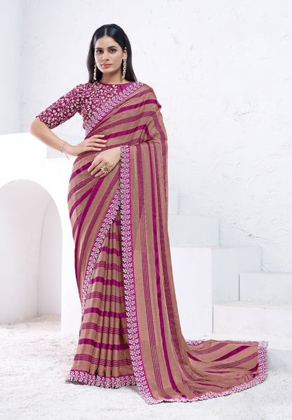Brown & Purple Georgette Moti Hand Work Saree