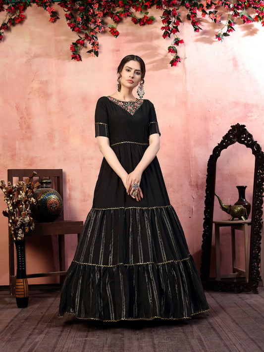 Black Silk Thread with Zari Lining Embroidery Festive Gown