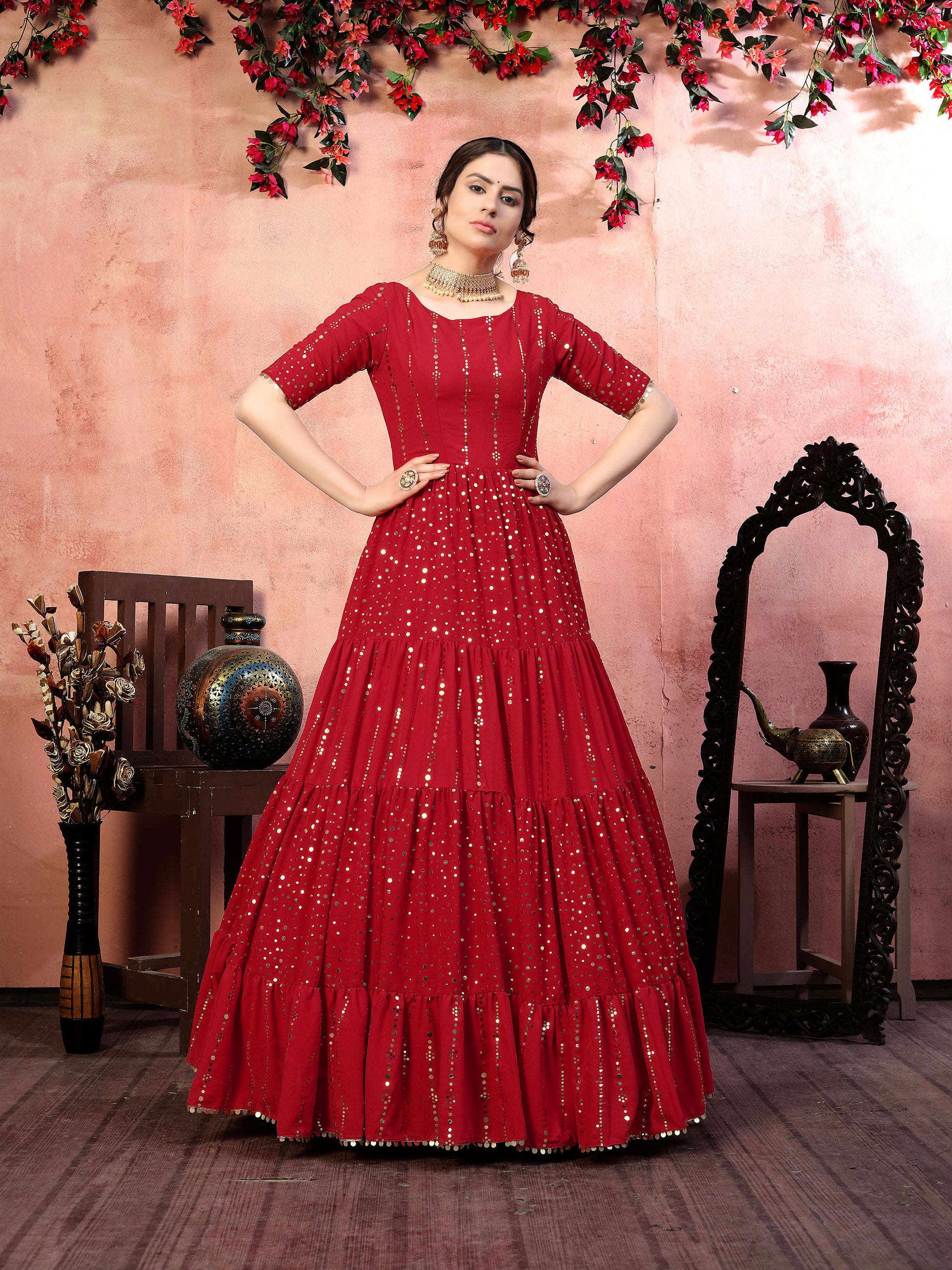 Red Georgette Fancy Golden Sequence Embroidery Festive Gown