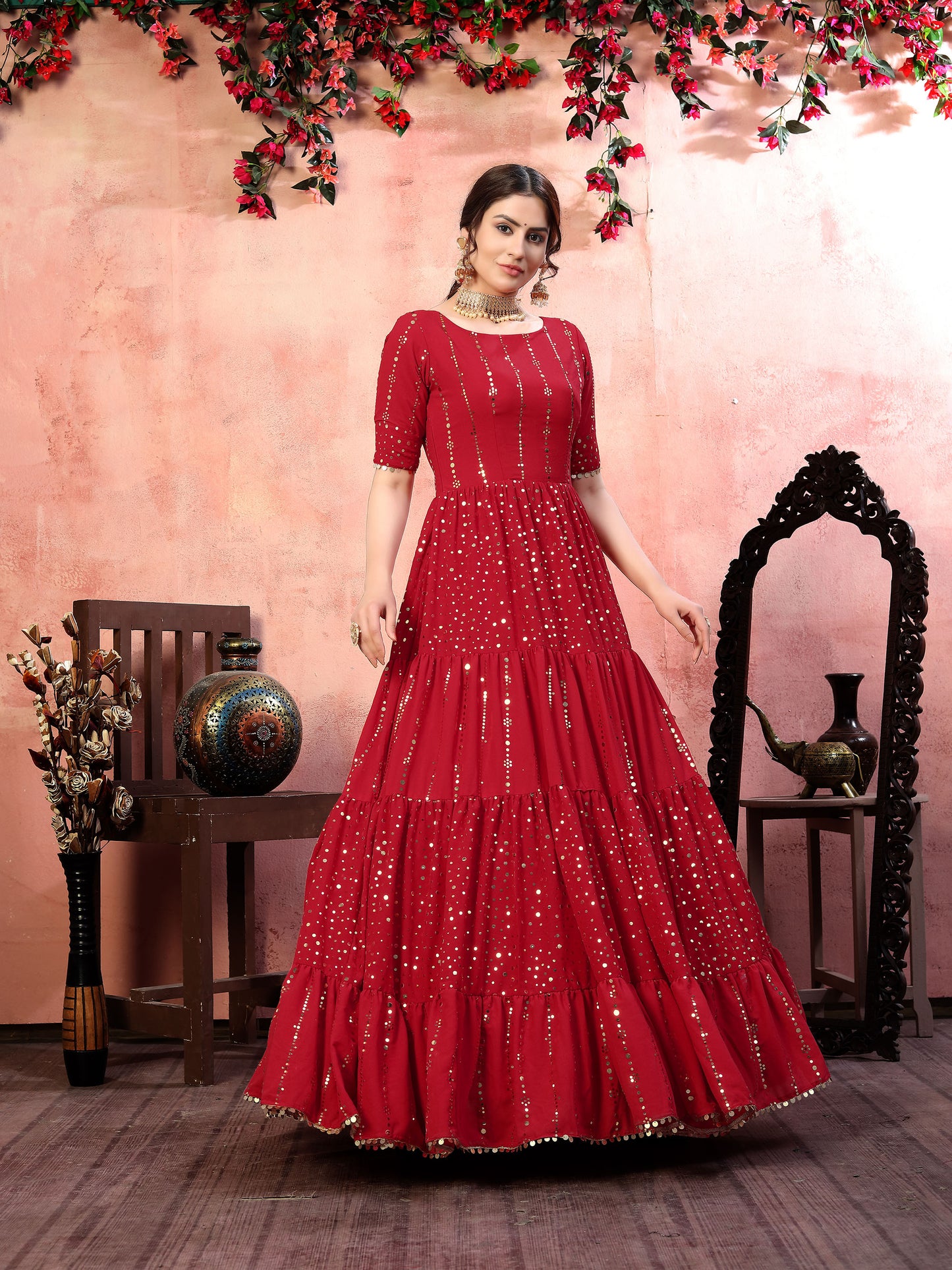 Red Georgette Fancy Golden Sequence Embroidery Festive Gown
