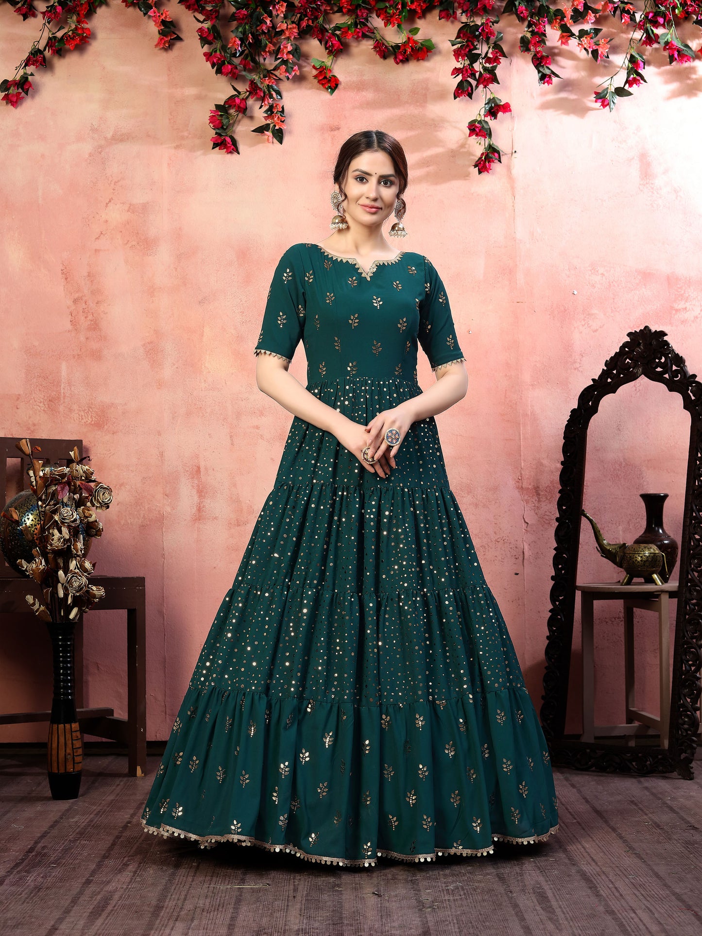 Green Georgette Fancy Golden Sequence Embroidery Festive Gown