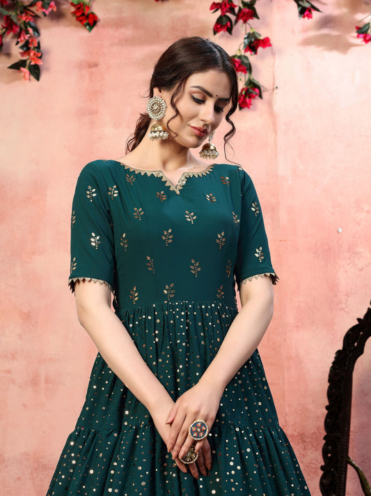 Green Georgette Fancy Golden Sequence Embroidery Festive Gown