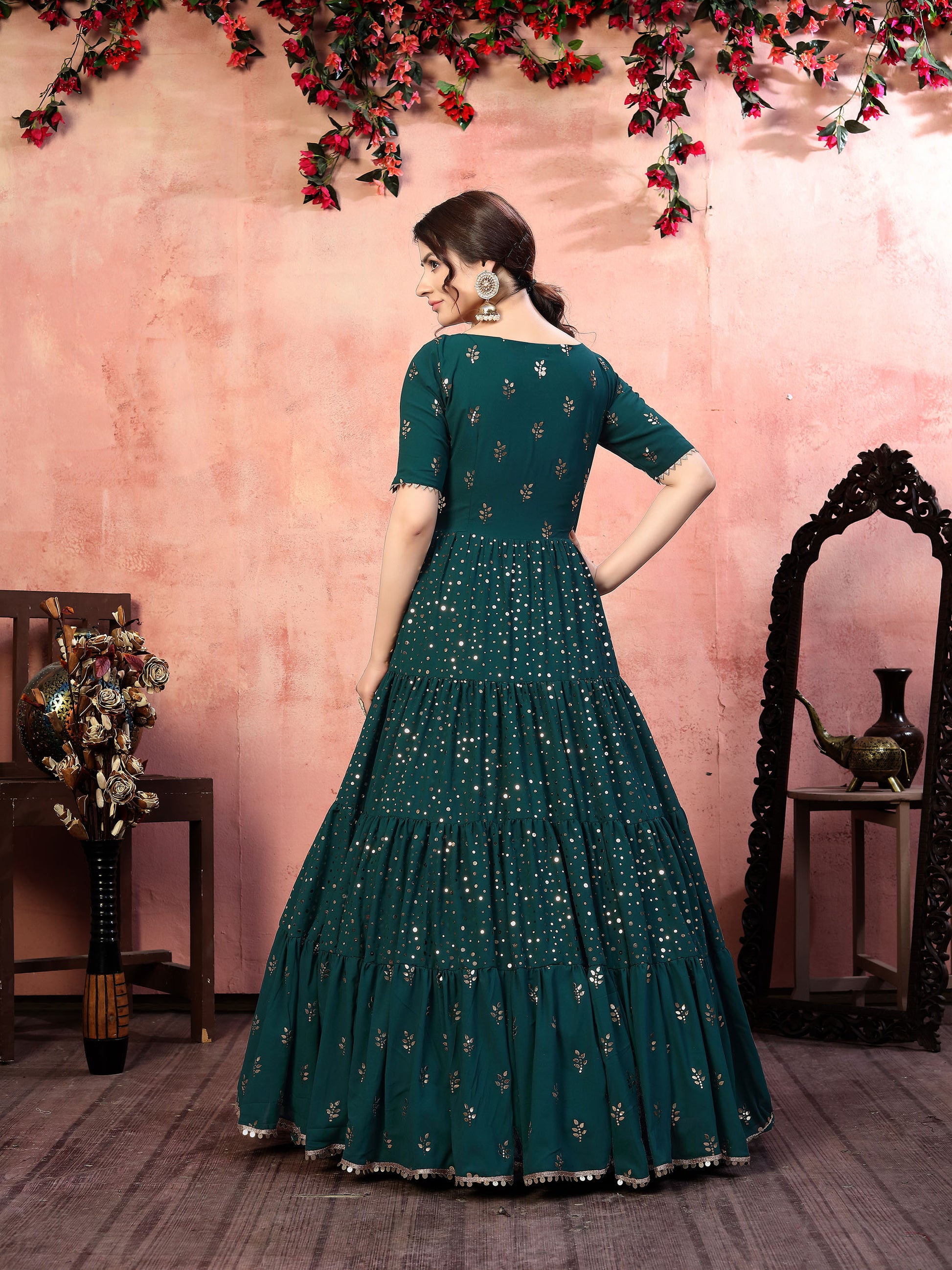 Green Georgette Fancy Golden Sequence Embroidery Festive Gown