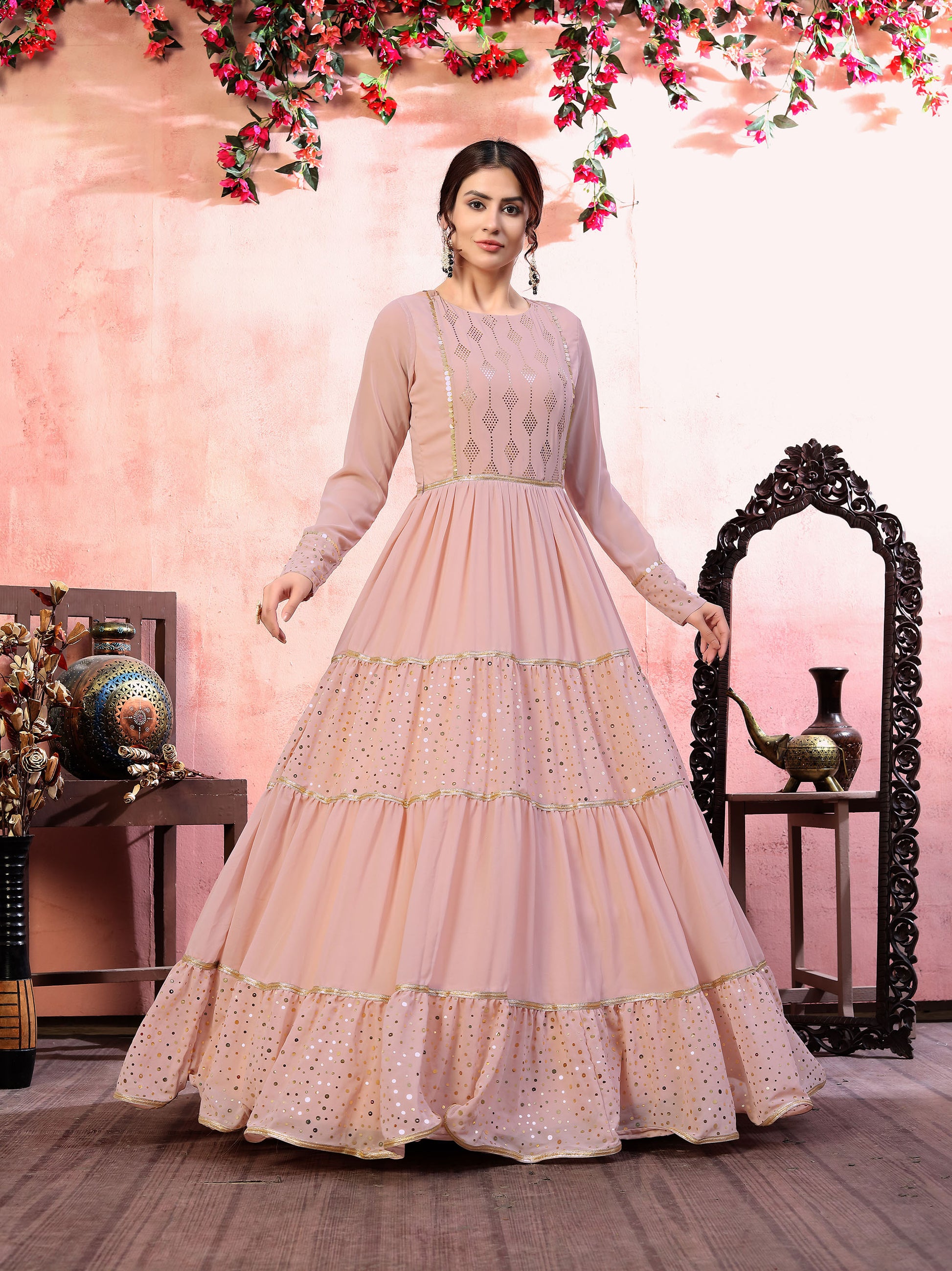 Dusty Pink Georgette Fancy Golden Sequence Embroidery Festive Gown