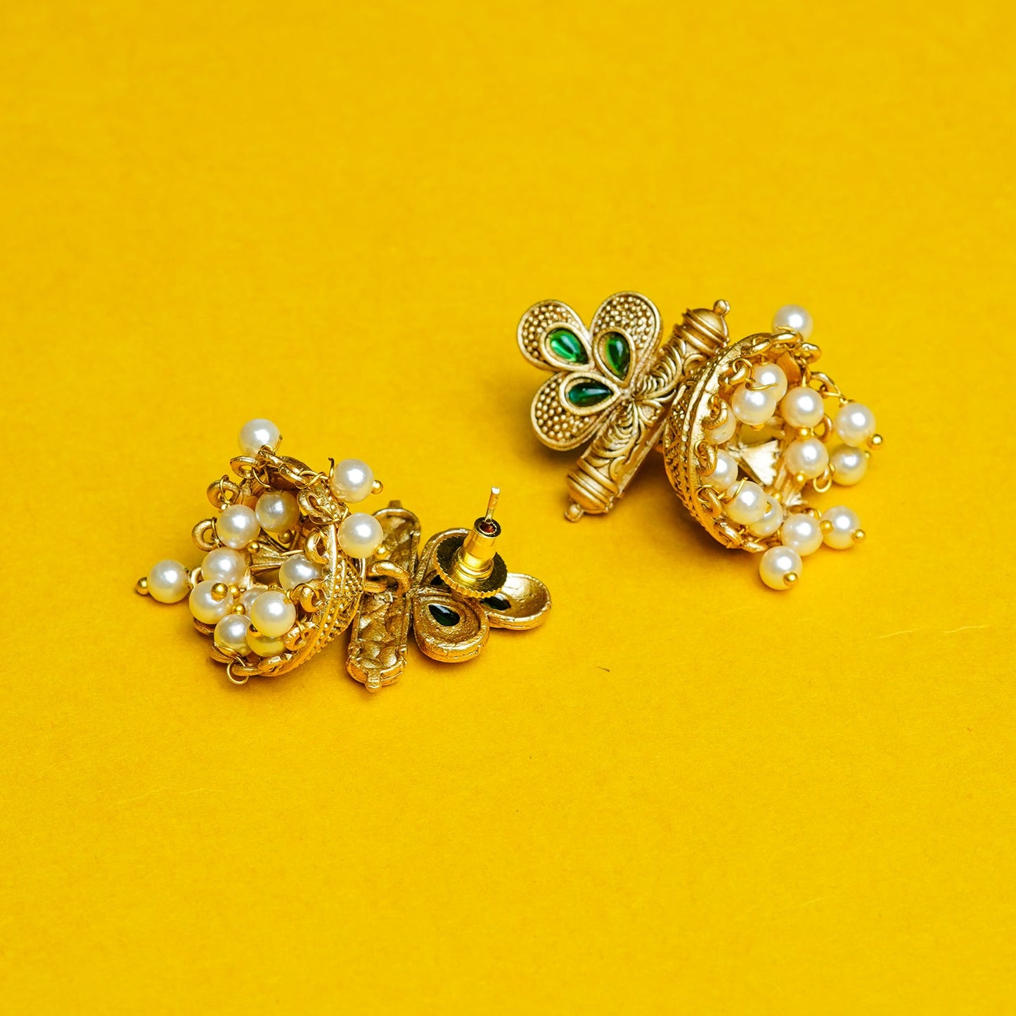 Zevar Club 18K Gold-Plated Green Stone Studded Dome Jhumka Earrings with Pearl Danglers