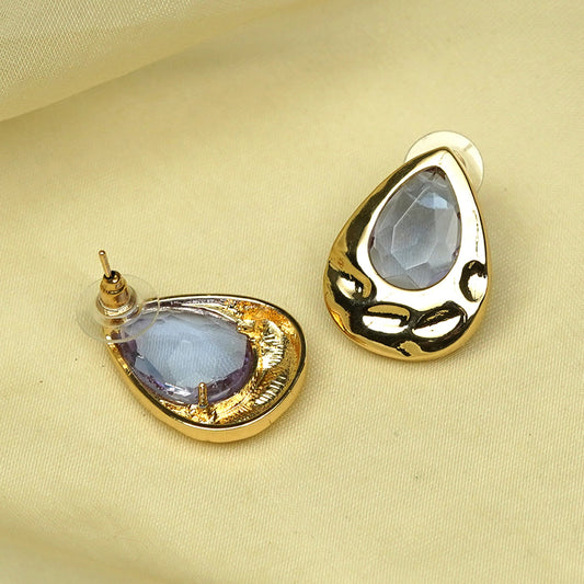 Zevar Club Matte Gold Tone Stainless Steel Tarnish Free Waterproof Tear Drop-Shaped Light Grey Stone Stud Earrings for Women
