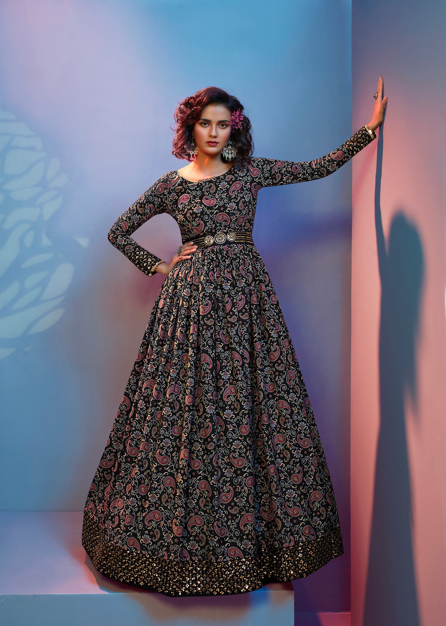 Black Floral Printed Crepe Gown for Cocktail