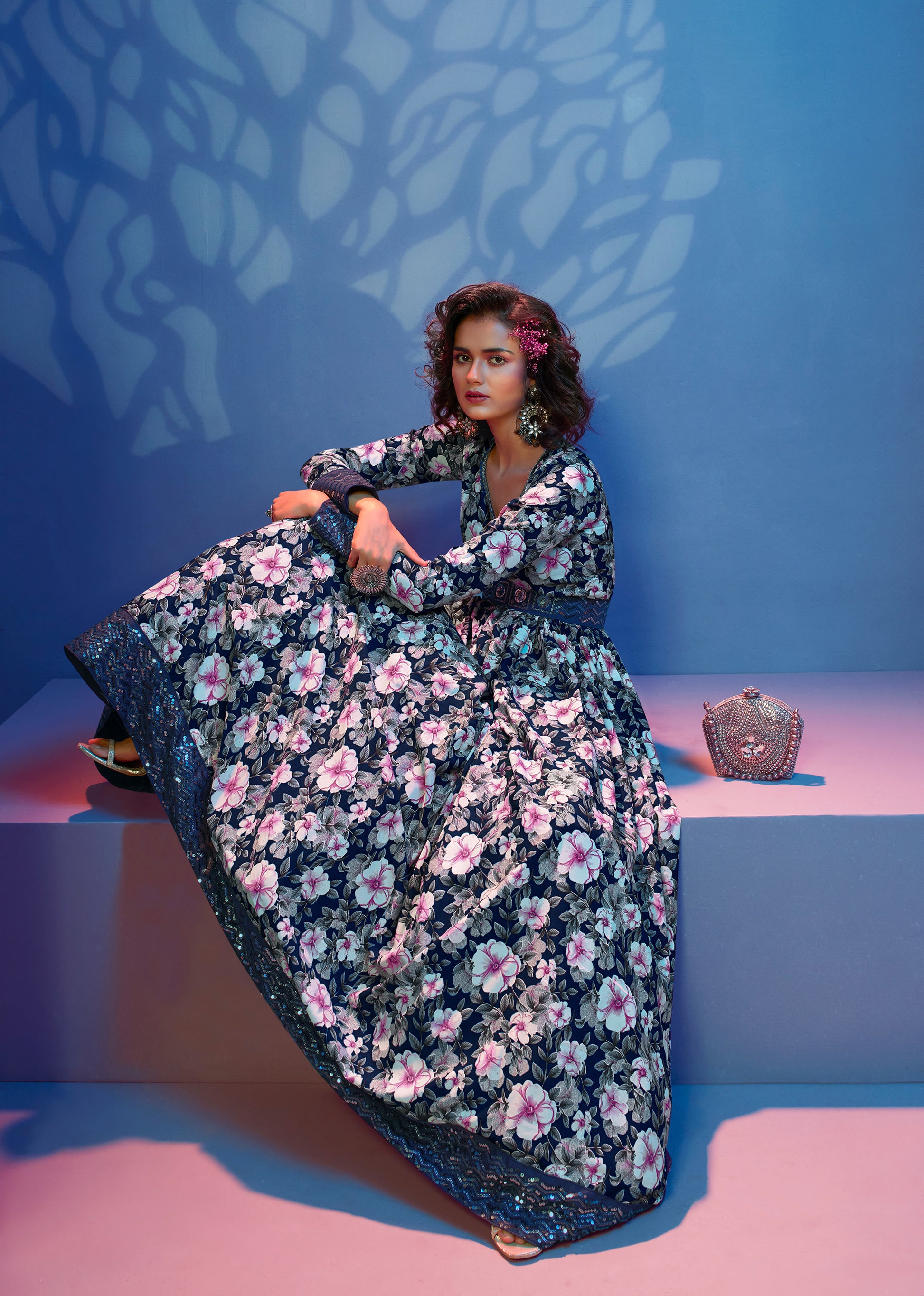 Blue Floral Printed Crepe Gown for Cocktail