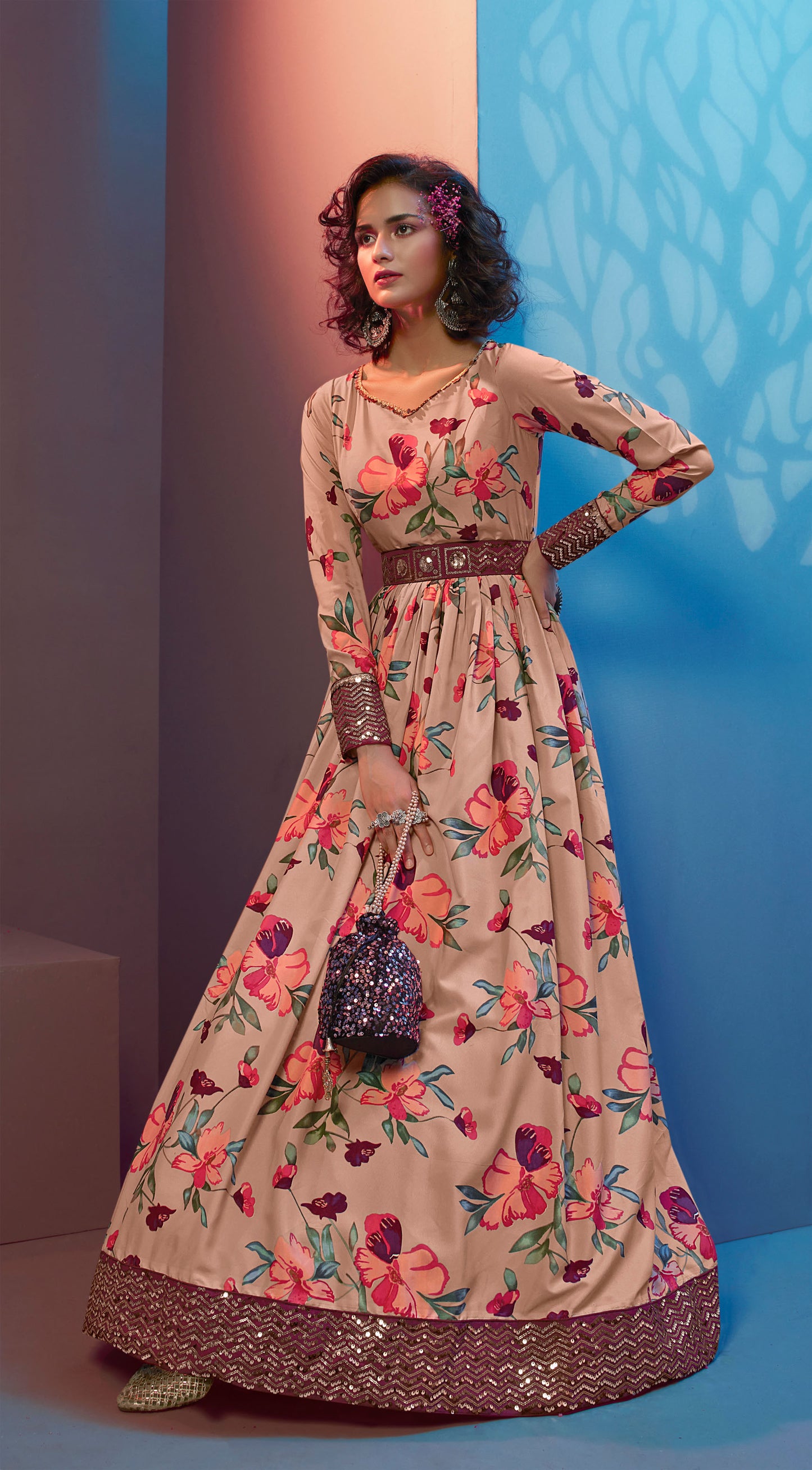 Peach Floral Printed Crepe Gown for Cocktail