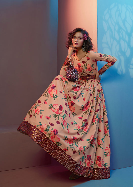 Peach Floral Printed Crepe Gown for Cocktail