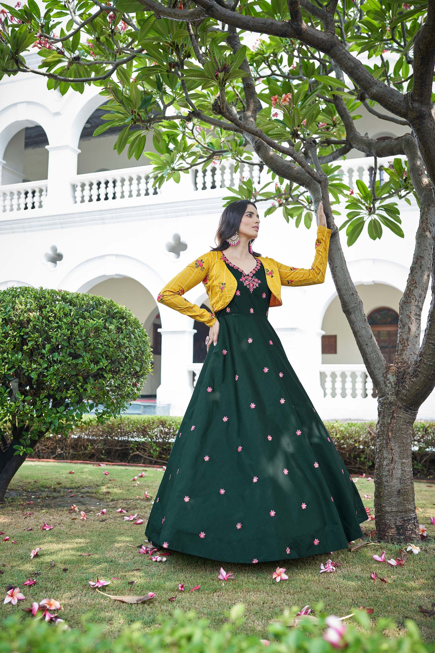 Green Sequins Embroidered Jacket Style Party Wear Cotton Gown
