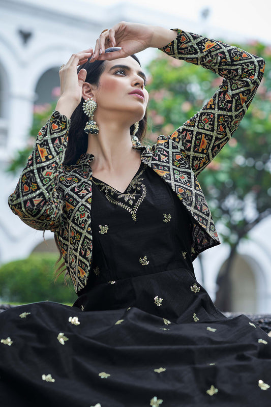 Black Sequins Embroidered Jacket Style Party Wear Cotton Gown