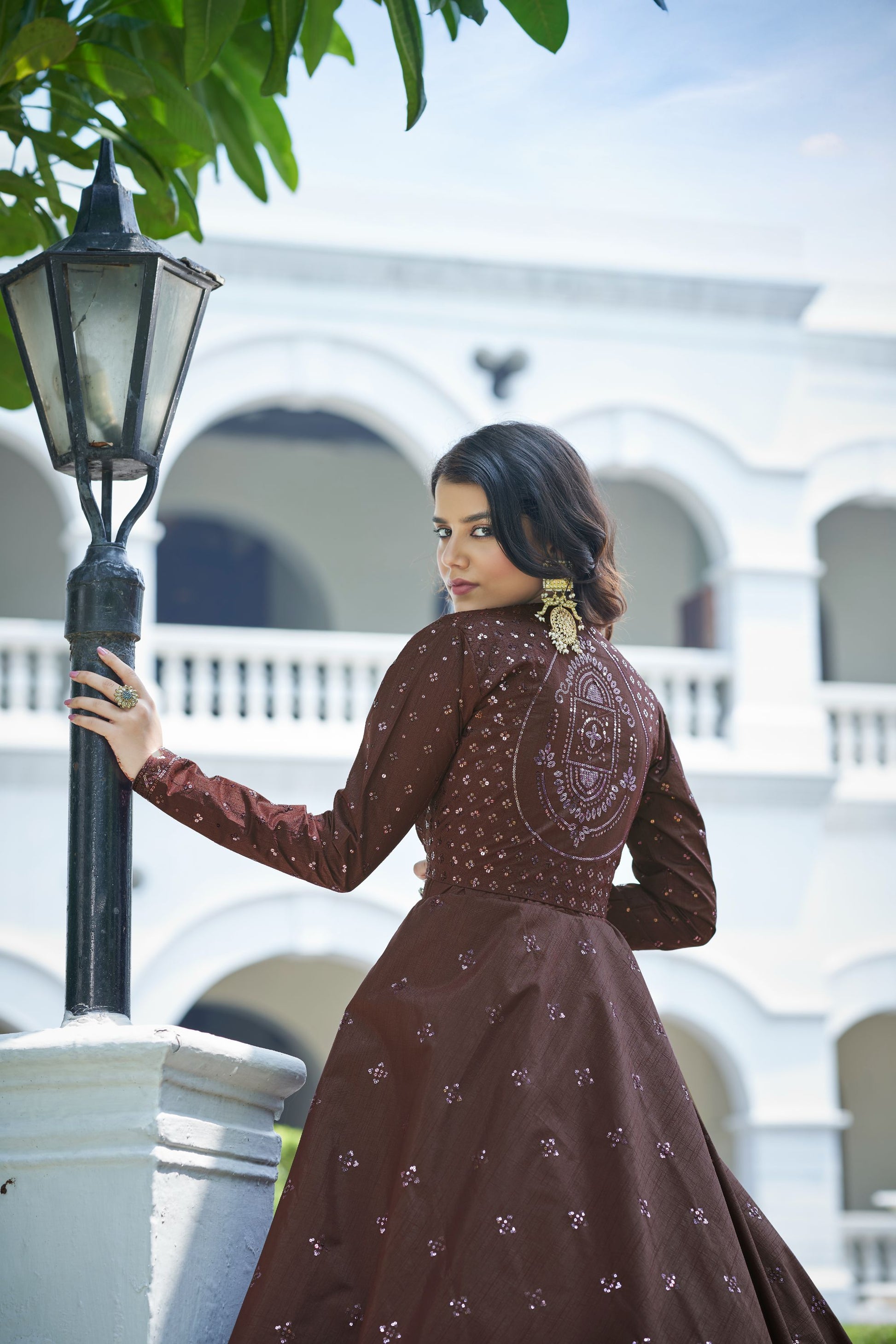 Maroon Sequins Embroidered Jacket Style Party Wear Cotton Gown