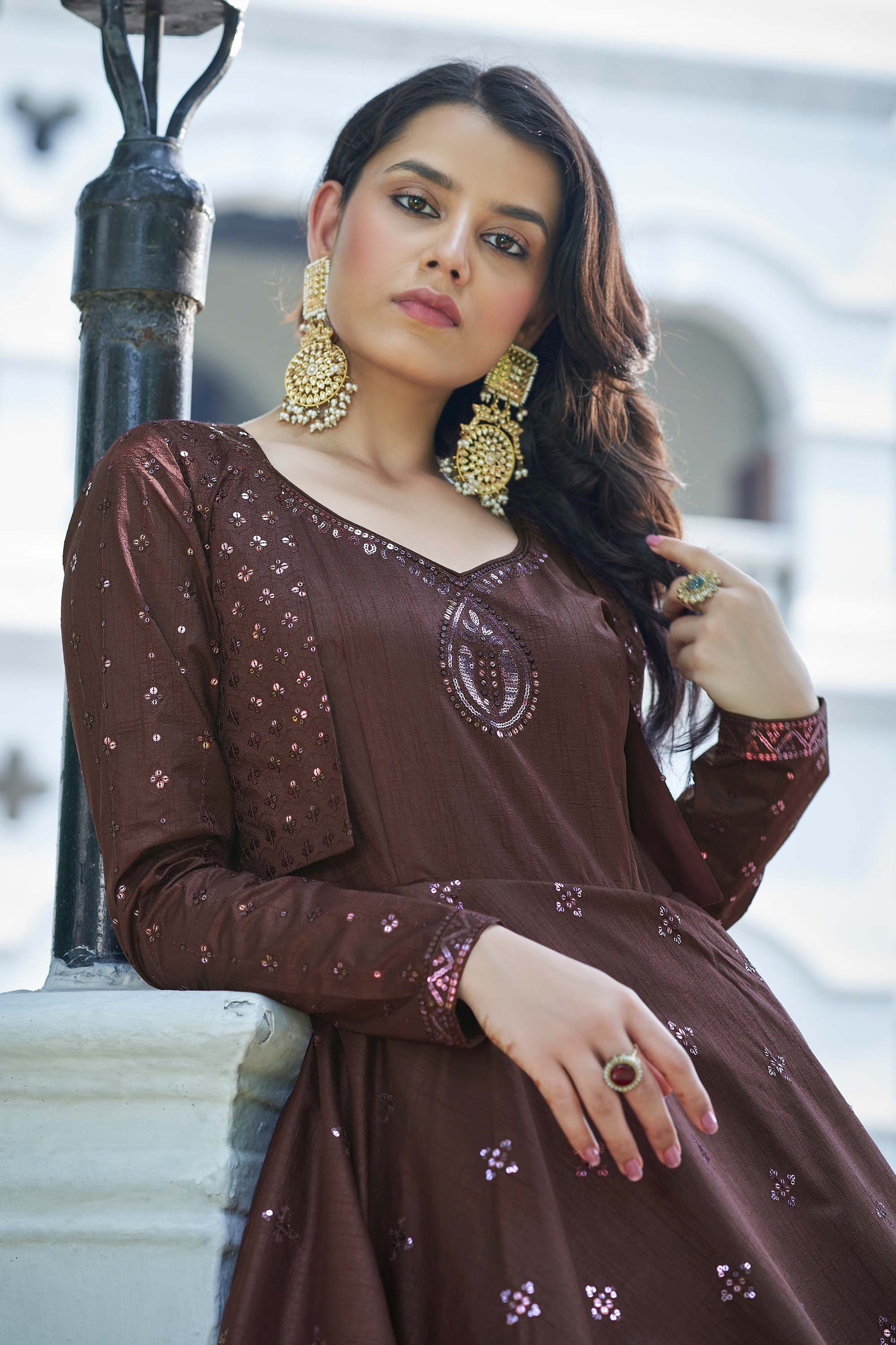 Maroon Sequins Embroidered Jacket Style Party Wear Cotton Gown